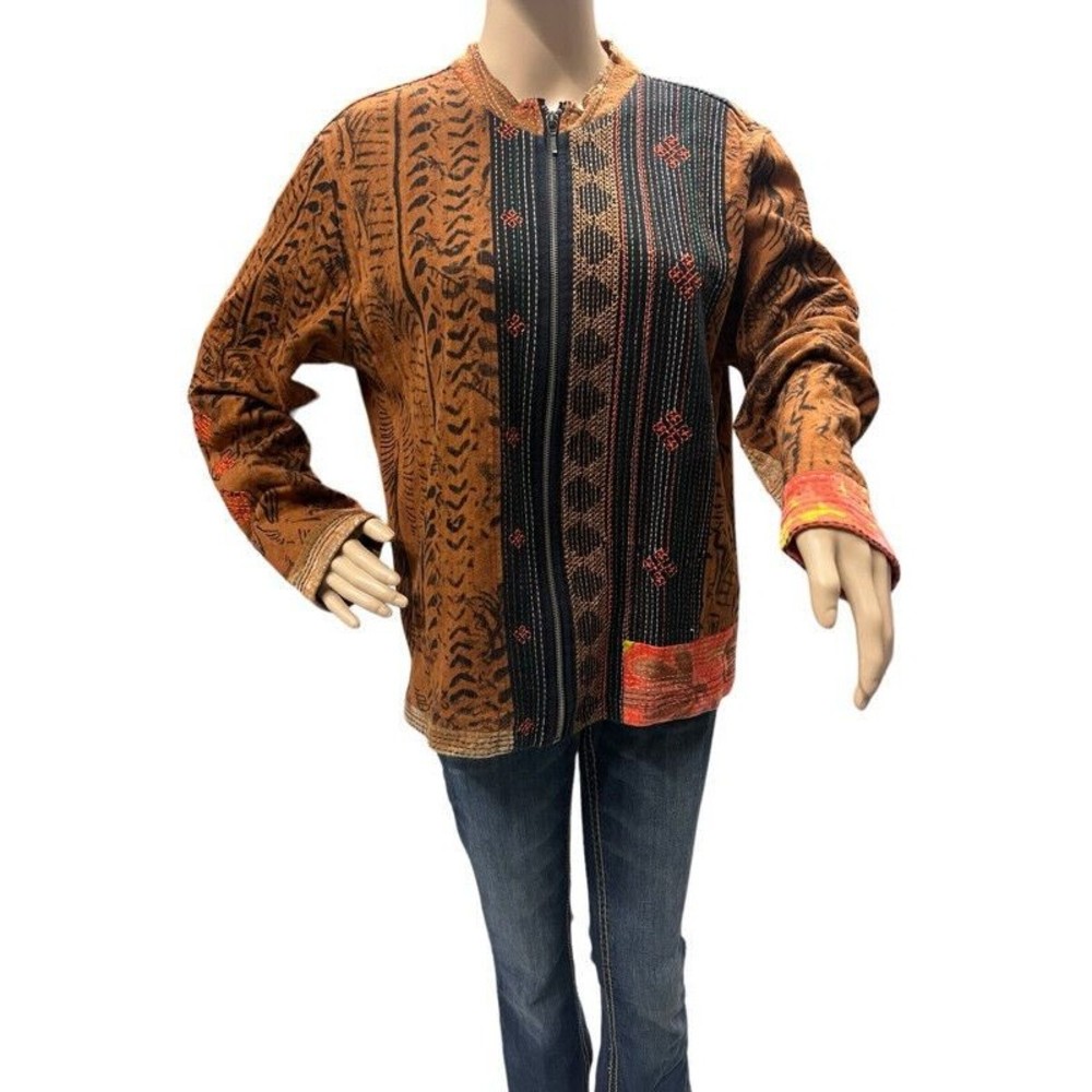 Chicos Embroidered Patchwork Hippie Boho Art to Wear Full Zip Jacket Size 2 Med